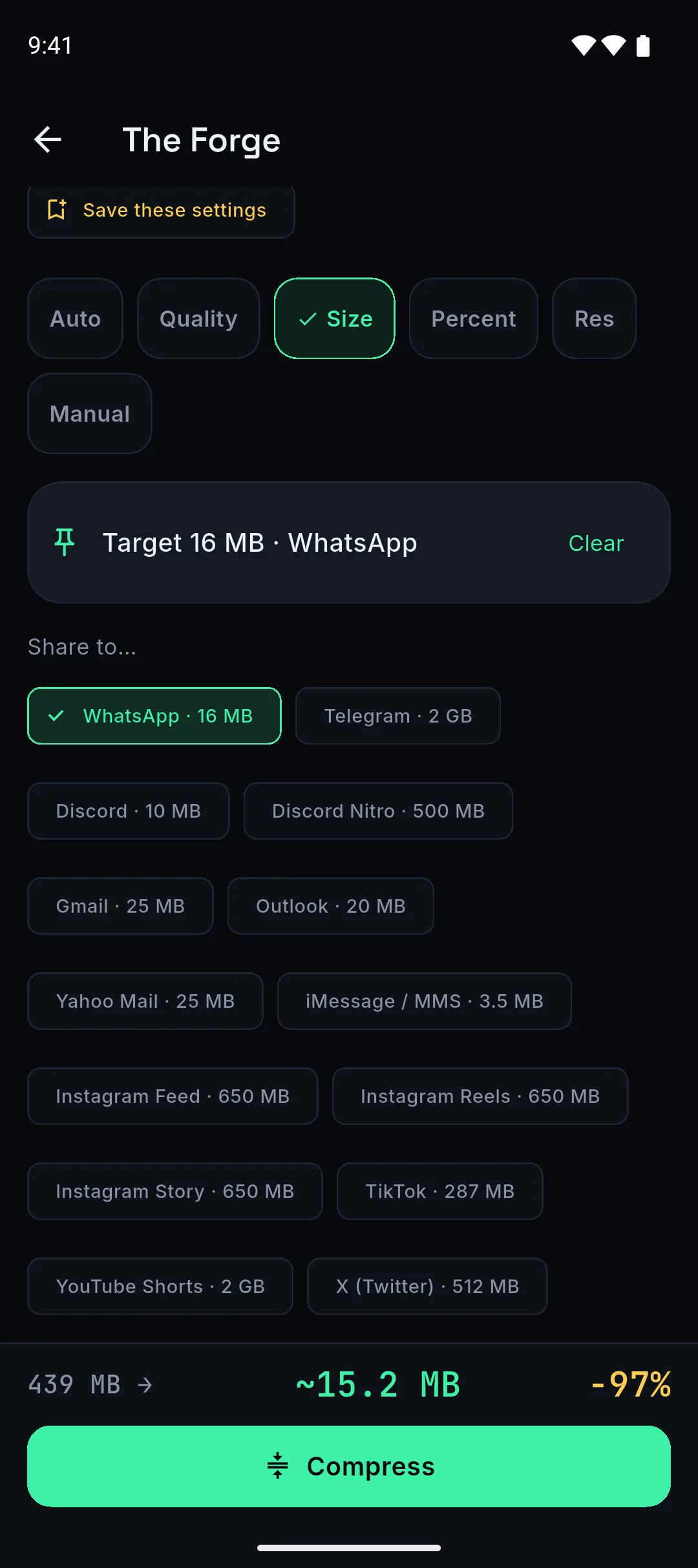 The Forge with the WhatsApp 16 MB preset selected, estimating 439 MB down to about 15.2 MB, 97% smaller.