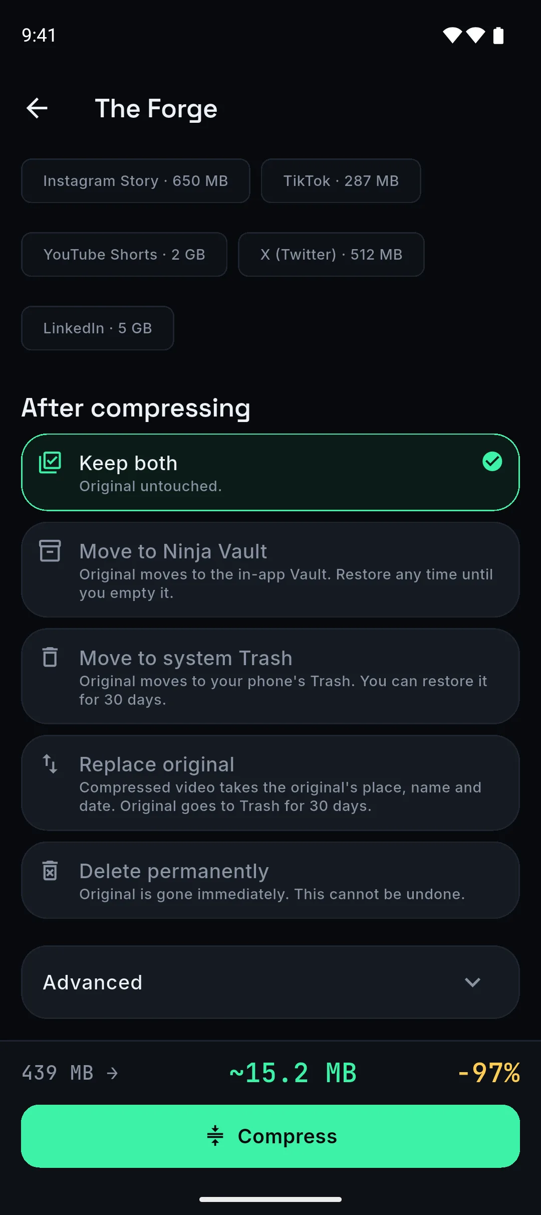 The five choices after compressing: keep both, move to Ninja Vault, move to system Trash, replace original, delete permanently.