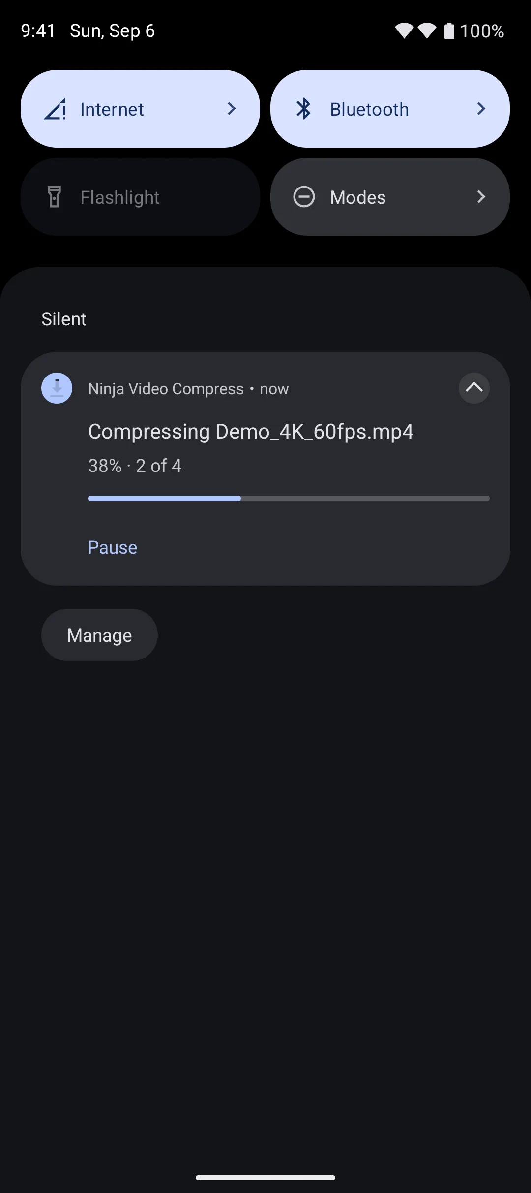 An Android notification: Compressing Demo_4K_60fps.mp4, 38%, 2 of 4, with a Pause button.